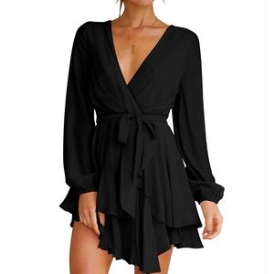 Black 'skater' dress. V-Neck. Long Sleeve. Tie Waist W/Ruffle Medium